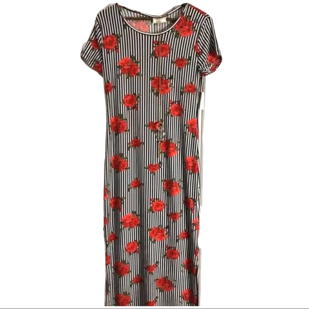 Soft long black white striped dress with roses